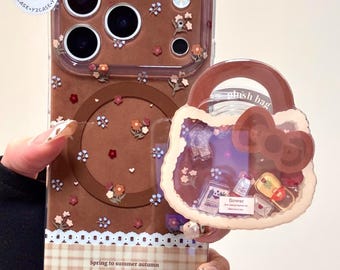 Herfst Hello Kitty bloemen MagSafe-hoesje met schudzakje en bedel, bruine geruite hoes iPhone 17 16 15 14 13 Pro Max, kawaii Cottagecore