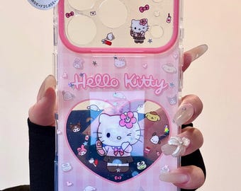 Kawaii Hello Kitty roze geruite glitterhoes met bedel, Y2K Sanrio Heart-cover iPhone 17 16 15 14 13 Pro Max, schattig coquette-esthetisch cadeau