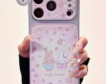 Kawaii nijntje Friends roze leren tas met bedel, schattig konijntje zilveren hoes iPhone 17 16 15 14 13 Pro Max, Y2K Coquette Esthetic Gift