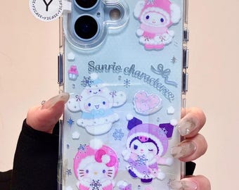 Sanrio Winter Hello Kitty My Melody Kuromi 3D-hoesje met sterbedel, doorzichtige sneeuwvlokhoes iPhone 17 16 15 14 13 Pro Max, kawaii Y2K-cadeau