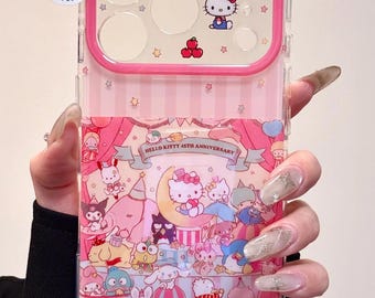 Sanrio 45-jarig jubileum Hello Kitty-hoesje met bedel, 3D-reliëf Circus-cover iPhone 17 16 15 14 13 Pro Max, cadeauset roze coquette kawaii