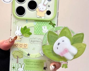 Nijntje groen blad MagSafe-hoesje met 3D-bosgreepbedel, volledige bescherming iPhone 17 16 15 14 13 Pro Max, kawaii matcha konijn cadeau
