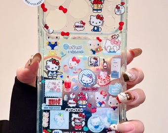 Kawaii Hello Kitty Town-sticker collage glitterhoes met kralenbedel, schattige Y2K-cover iPhone 17 16 15 14 13 Pro Max, Coquette-cadeau