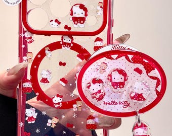 Hello Kitty Winter Strawberry MagSafe-hoesje met grip en bedel, 3D-reliëfhoes iPhone 17 16 15 14 13 Pro Max, Kawaii Red Coquette Y2K Gift