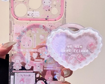 Hello Kitty My Melody MagSafe-hoesje met shaker-hartgreepbedel, 3D Sanrio-cover iPhone 17 16 15 14 13 Pro Max, kawaiiroze Y2K-cadeau