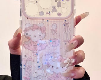 Kawaii roze Ballet Kitty glitterhoesje met bedel, Sweet Coquette Bow-cover iPhone 17 16 15 14 13 Pro Max, Y2K Aesthetic Cute Cat cadeau