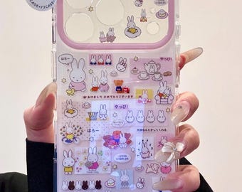 Kawaii nijntje doorzichtige hoes met paarse bedel, roze konijntje hoesje iPhone 17 16 15 14 13 Pro Max, Y2K Japans esthetiek leuk cadeau