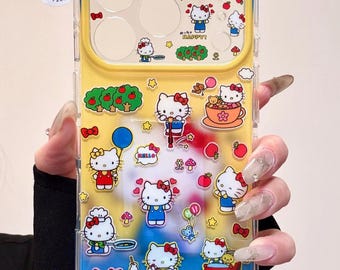 Vintage Hello Kitty 3D-reliëfhoesje met taartbedel, geelblauwe primaire kleuren hoes iPhone 17 16 15 14 13 Pro Max, kawaii Sanrio Y2K-cadeau