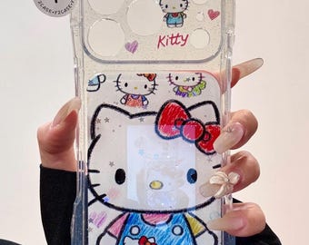 Kawaii Cat Ear Kitty helder glitterhoesje met kralenbedel, handgetekende schattige kattenhoes iPhone 17 16 15 14 13 Pro Max, Y2K Aesthetic Gift