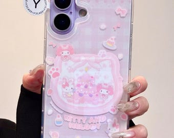 Kawaii Kitty and Melody MagSafe-hoesje met kralenbedel, pastelroze geruite hoes iPhone 17 16 15 14 13 Pro Max, Coquette Aesthetic Gift