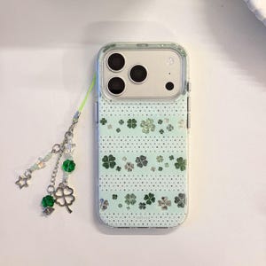 Four Leaf Clover Holographic Clover Coquette Mint iPhone Case with Charm Strap, @llield, Gift for Her, iPhone 17 16 15 14 13 Pro Max