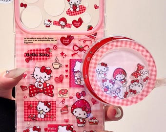 Hello Kitty Strawberry MagSafe-hoesje met shakergreep en bedel, rood gingham-cover iPhone 17 16 15 14 13 Pro Max, kawaii coquette Y2K-cadeau
