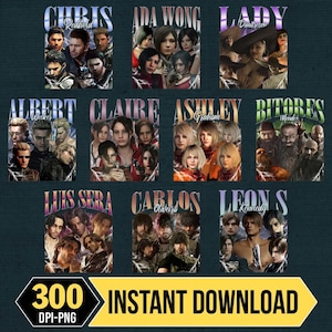 Peut inclure: Plusieurs impressions d'art numériques représentant des personnages d'un jeu vidéo. Chaque impression affiche le nom d'un personnage dans une police stylisée au-dessus d'un collage d'images. Les impressions sont disposées sur un fond bleu foncé avec le texte "300 DPI-PNG INSTANT DOWNLOAD".