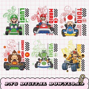 以下が含まれることがあります： マリオカートのビデオゲームシリーズのキャラクターのカラフルなイラストが6つ掲載されたデジタルダウンロード。 マリオ、ルイージ、ヨッシーなど、各キャラクターがカートに乗って名前が表示されています。 下部には「PNG DIGITAL DOWNLOAD」というフレーズがあります。