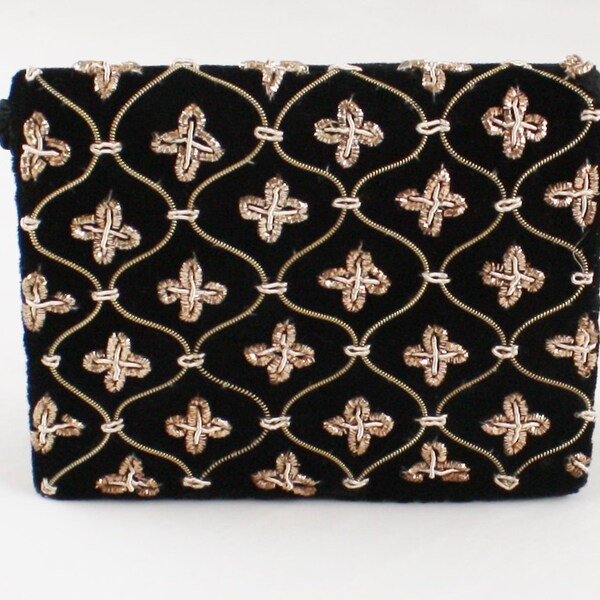 Small Metal Embroidered Black Velvet Clutch Bag Purse