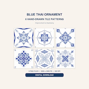 Diseños de ornamentos tailandeses azules, 6 imágenes PNG dibujadas a mano sin costuras