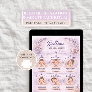 Op de afbeelding: Een digitale, printbare yoga-kaart voor een 5-minuten gezichtsritueel voor bedtijdontspanning. De kaart bevat instructies voor tempelmassage, voorhoofdontspanning, kaakspanning smelten, etc.