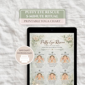Op de afbeelding: Een digitale, afdrukbare yoga-kaart met de titel "Puffy Eye Rescue 5-Minute Ritual". De kaart, weergegeven op een tablet, bevat instructies voor een 5 minuten durende gezichtsyoga-routine om wallen te verminderen en de huid te verfrissen. Bevat de tekst "Direct downloaden."