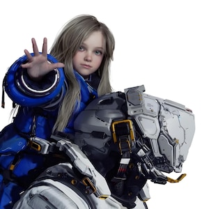 May include: The image displays the word "PRAGMATA" in a bold font. A young person with long blonde hair is wearing a blue jacket and is positioned in front of a large, detailed robotic structure. The person is reaching out with their right hand.