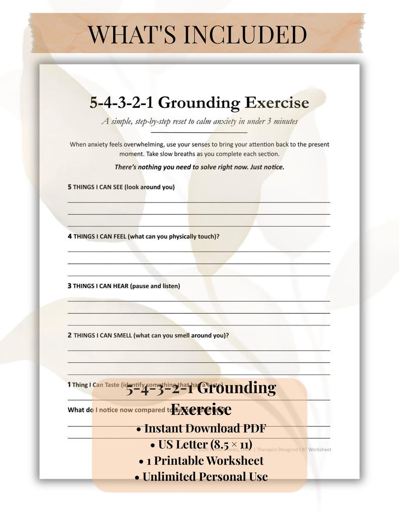 5-4-3-2-1 Grounding Exercise Worksheet, Anxiety Relief Tool, Panic ...