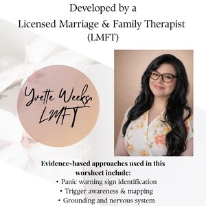 K&ouml;nnte beinhalten: Ein Arbeitsblatt mit dem Titel "Panic Attack Reset Plan", entwickelt von einem zugelassenen Ehe- und Familientherapeuten (LMFT). Das Bild enth&auml;lt ein Foto von Yvette Weeks, LMFT, und listet evidenzbasierte Ans&auml;tze auf.