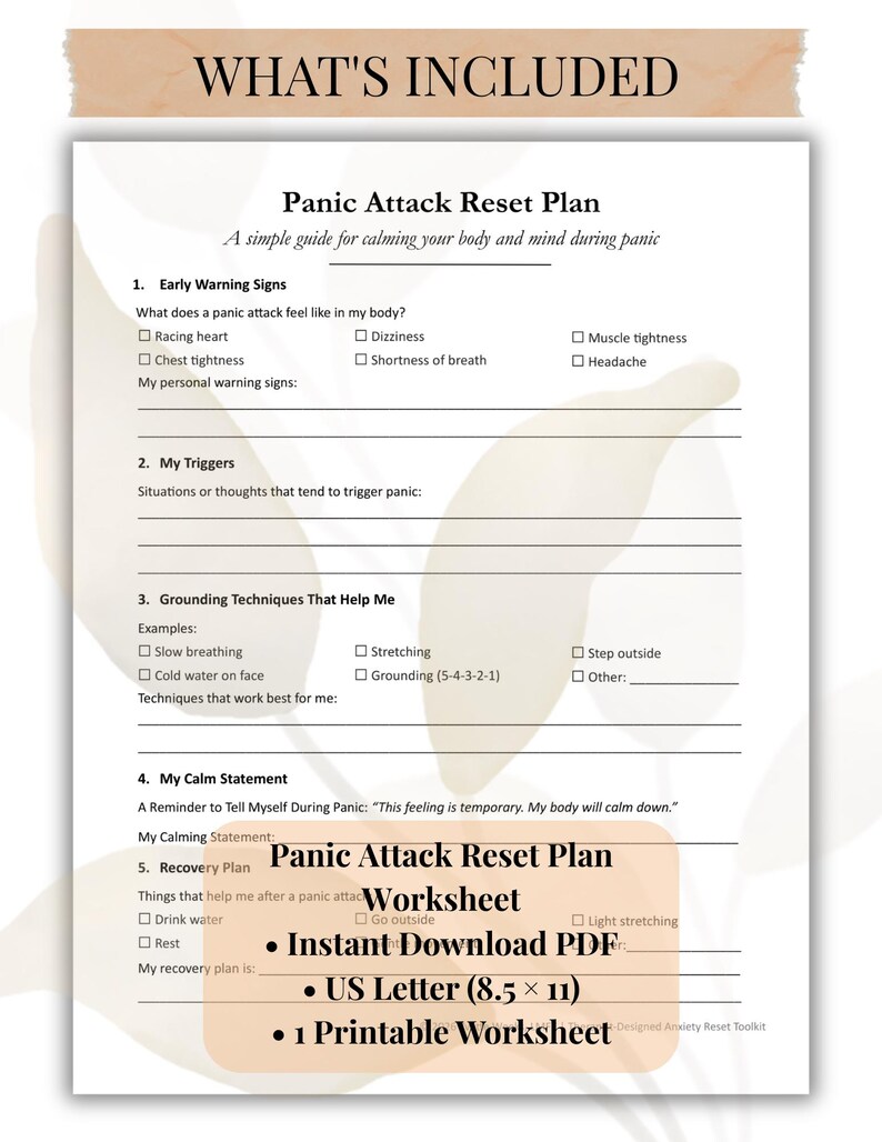 K&ouml;nnte beinhalten: Ein ausdruckbares Arbeitsblatt zum Thema &bdquo;Panic Attack Reset Plan&ldquo;. Das Dokument enth&auml;lt Abschnitte f&uuml;r Fr&uuml;hwarnzeichen, Ausl&ouml;ser, Erdungstechniken, eine ruhige Aussage und einen Erholungsplan. US Letter-Format (21,6 x 27,9 cm).