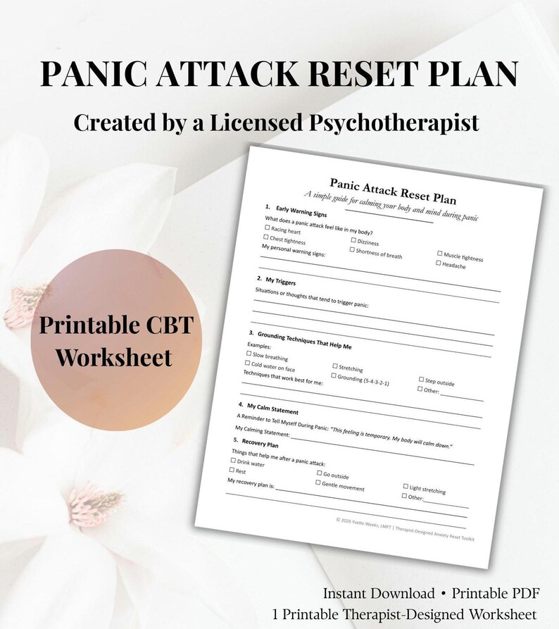 Panik AttackReset Plan Arbeitsblatt | Angstbewältigungswerkzeug | Von Therapeuten entworfenes Panikangriffs-Arbeitsblatt | CBT Erdungstechniken Bild 1