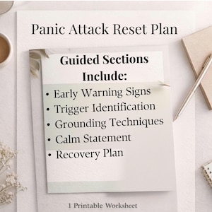 K&ouml;nnte beinhalten: Ein ausdruckbares Arbeitsblatt mit dem Titel "Panic Attack Reset Plan". Das Arbeitsblatt enth&auml;lt gef&uuml;hrte Abschnitte zu Fr&uuml;hwarnzeichen, Ausl&ouml;seridentifizierung, Erdungstechniken, ruhigen Aussagen und einem Wiederherstellungsplan.
