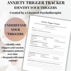 Peut inclure: Une feuille de travail blanche "Anxiety Trigger Tracker" avec du texte noir, conçue par un psychothérapeute agréé. La feuille de travail aide à identifier les déclencheurs d'anxiété, à reconnaître les schémas et à répondre avec plus de contrôle.