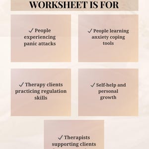 K&ouml;nnte beinhalten: Ein Arbeitsblatt mit dem Titel &bdquo;F&Uuml;R WEN DIESES ARBEITSBLATT IST&ldquo; listet Zielgruppen auf. Dazu geh&ouml;ren Menschen mit Panikattacken, solche, die Angstbew&auml;ltigungswerkzeuge erlernen, Therapieklienten und Therapeuten.