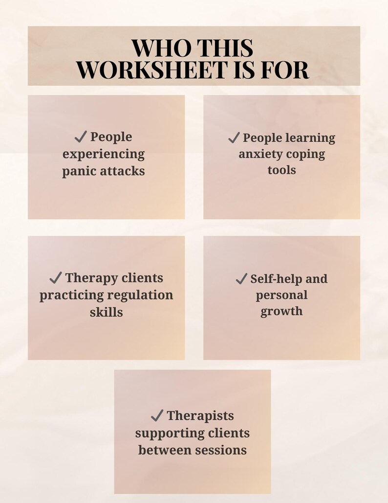 K&ouml;nnte beinhalten: Ein Arbeitsblatt mit dem Titel &bdquo;F&Uuml;R WEN DIESES ARBEITSBLATT IST&ldquo; listet Zielgruppen auf. Dazu geh&ouml;ren Menschen mit Panikattacken, solche, die Angstbew&auml;ltigungswerkzeuge erlernen, Therapieklienten und Therapeuten.