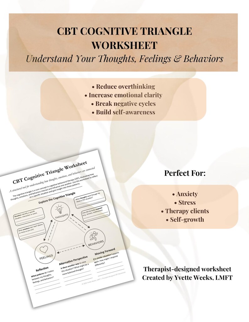 CBT Cognitive Triangle Worksheet PDF | Anxiety & Overthinking Tool ...