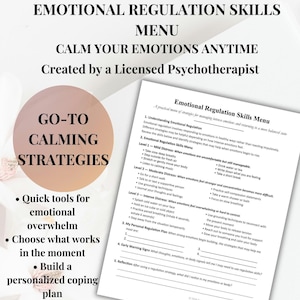 Puede incluir: Un documento en blanco titulado "Menú de habilidades de regulación emocional" con texto que incluye "Calma tus emociones en cualquier momento" y "Estrategias de calma". El menú ofrece herramientas para la sobrecarga emocional.