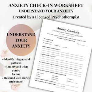 Puede incluir: Una hoja de trabajo blanca titulada "Anxiety Check-In" con indicaciones para comprender los patrones de ansiedad. La hoja de trabajo incluye secciones para identificar desencadenantes, sensaciones corporales y acciones de apoyo. También está presente el texto "Understand Your Anxiety".