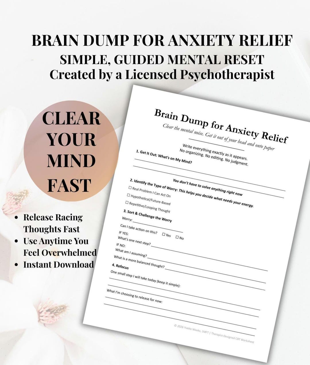 Brain Dump Worksheet for Anxiety, Stop Overthinking, Mental Clarity ...