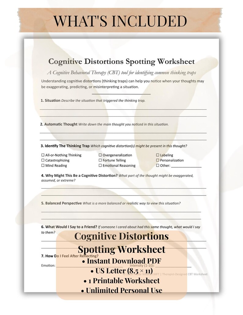 Cognitive Distortions Worksheet | CBT Thinking Traps Worksheet ...