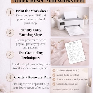 K&ouml;nnte beinhalten: Ein digitales Arbeitsblatt mit dem Titel "How To Use The Panic Attack Reset Plan Worksheet" mit vier Schritten: Drucken, Identifizieren, Verwenden und Erstellen. Das Bild enth&auml;lt einen Drucker, ein gedrucktes Arbeitsblatt und Details zum digitalen Download.