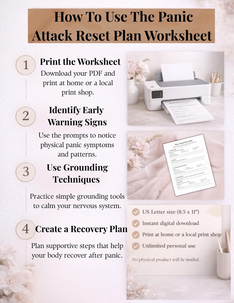 K&ouml;nnte beinhalten: Ein digitales Arbeitsblatt mit dem Titel "How To Use The Panic Attack Reset Plan Worksheet" mit vier Schritten: Drucken, Identifizieren, Verwenden und Erstellen. Das Bild enth&auml;lt einen Drucker, ein gedrucktes Arbeitsblatt und Details zum digitalen Download.