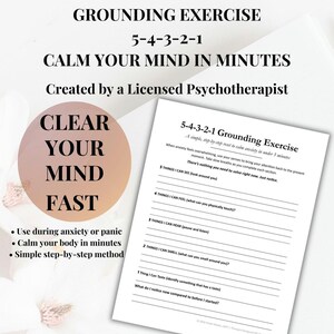 Può includere: Un foglio di carta bianco con il titolo "5-4-3-2-1 Grounding Exercise" e istruzioni per gestire l'ansia. Il testo include "Clear Your Mind Fast" e "Calm Your Mind in Minutes." Creato da uno psicoterapeuta autorizzato.