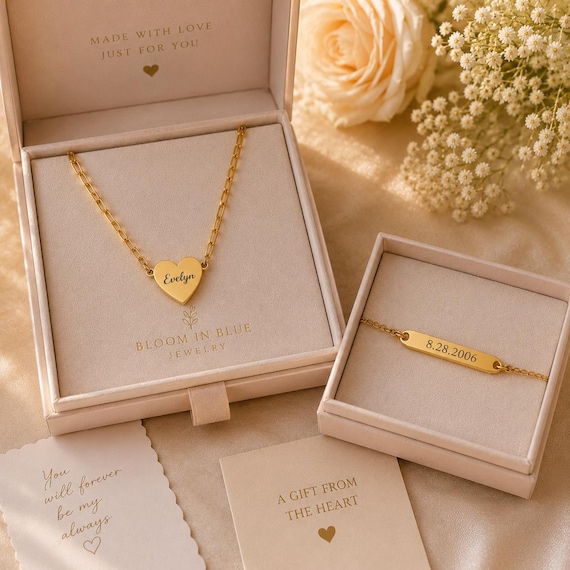 Personalized Heart Necklace & Bar Bracelet Set, Engraved Couple Jewelry Gift for Her