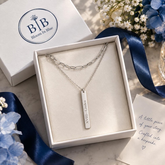 Personalized Vertical Bar Necklace, Engraved Name & Date, Minimalist Stainless Steel Jewelry