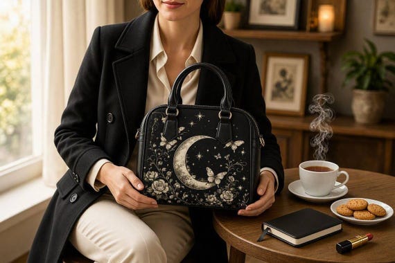 Celestial Moon & Floral Handbag for Women | Dark Feminine Gothic Purse | Everyday Bag