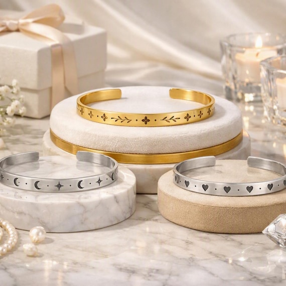 Open Cuff Bracelet | Custom Personalized Bangle | Hearts, Moon & Star Gift for Her and Him