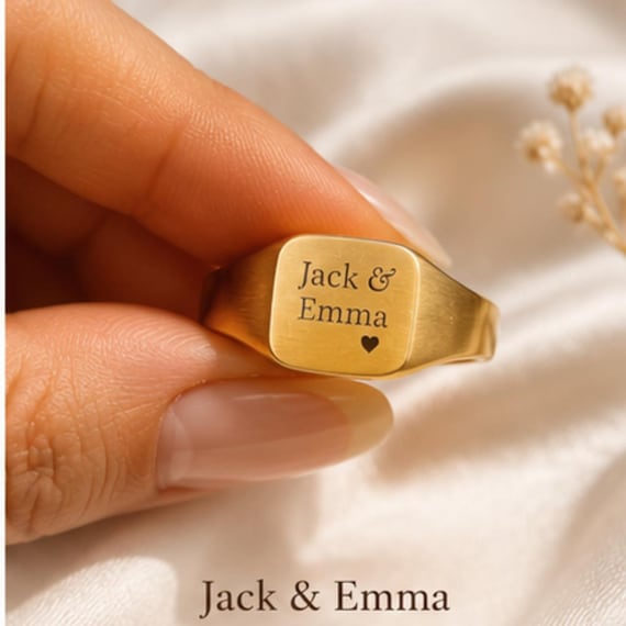 Initial Ring Personalized Signet, Couple Name Rings, Coordinate Gold Romantic Gift Anniversary Jewelry Matching