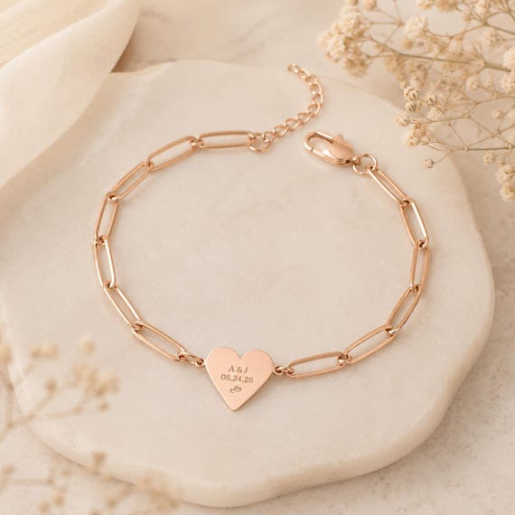 Personalized Women Heart Bracelet, Custom Engraved Name & Initials for Wife Girlfriend, Anniversary Gift