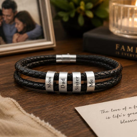 Personalized Men's Leather Bracelet, Husband Gift, Stainless Steel Braided Bracelet for Dad, Family Keepsake