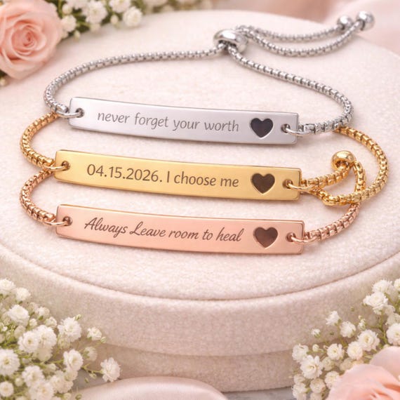 Engraved Bar Bracelet – Custom Dates, Coordinates, Heart Detail, Adjustable Bolo Chain