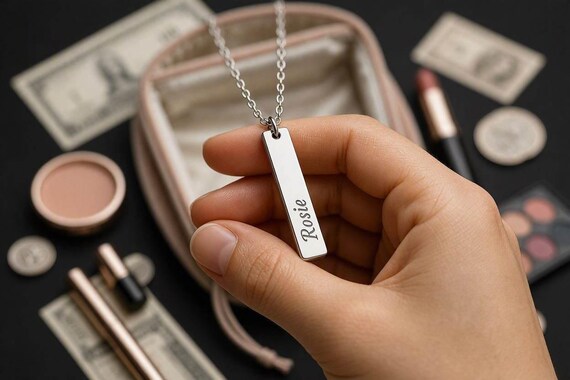 Personalized Gold Necklace | Custom Engraved Pendant | Vertical Bar Necklace | Name, Date jewelry