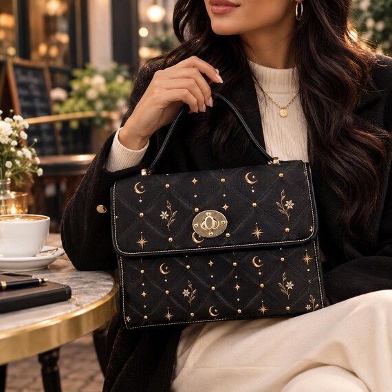 Black Handbag | Celestial Detail Top Handle Purse | Versatile Shoulder Bag for Everyday & Nights Out