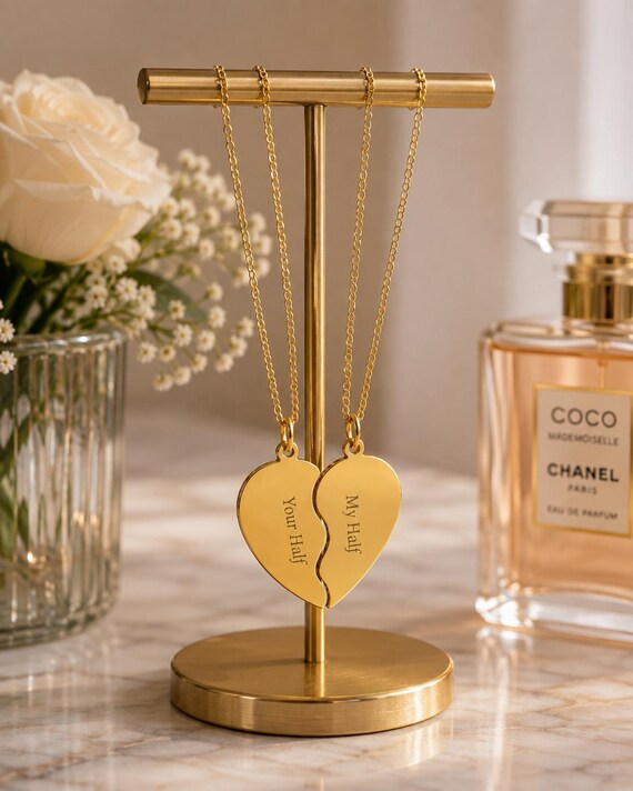 Personalized Split Heart Necklace, Engraved Couple Jewelry, Matching Stainless Steel Necklaces | Connected hearts